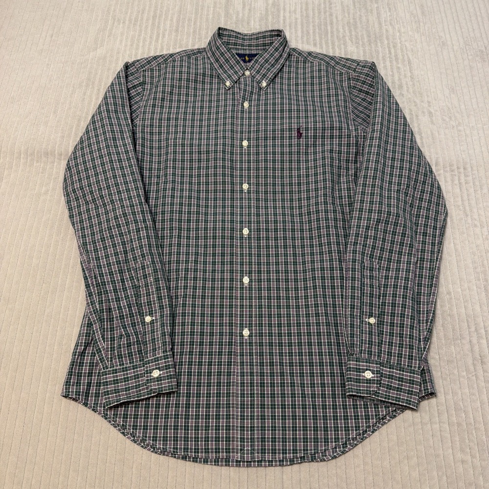 Polo Ralph Lauren Shirt Mens Medium Green Blue Plaid Classic Fit Button Down